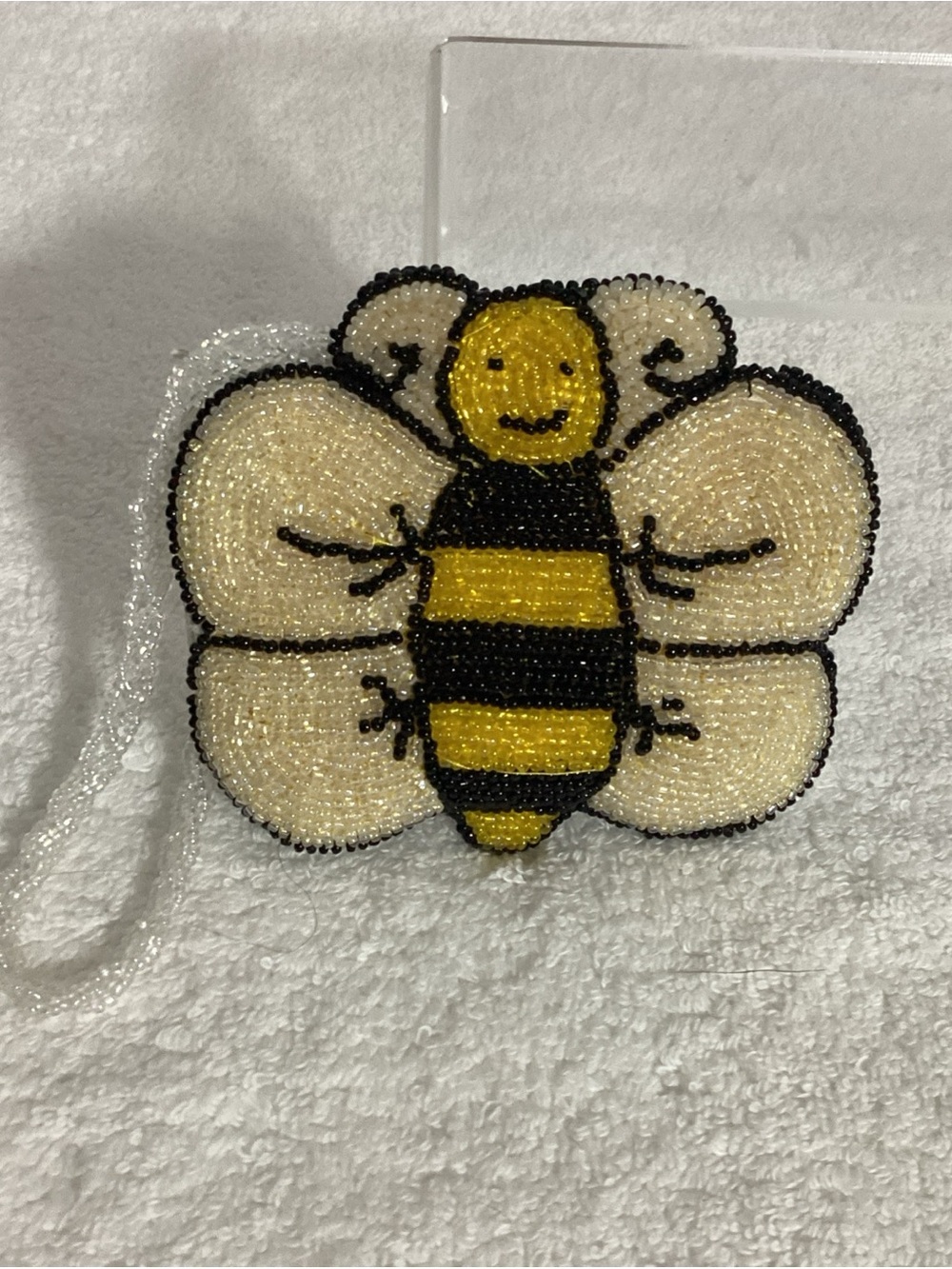 Beautiful Beaded Honey Bee Coin Purse w/ Braided Bead Strap Zippered & Lined - Picture 3 of 6